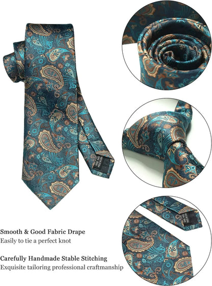 100% Silk Necktie Paisley Floral Men Business Tie, Pocket Square ,Tie Clip ,Cufflinks Set  Gift Box.