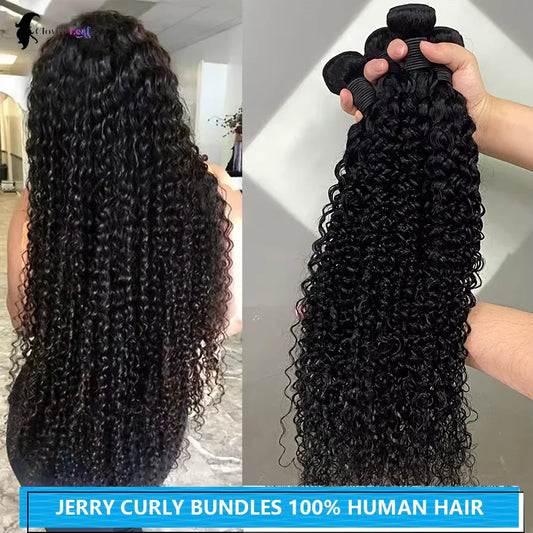 26inch Jerry Curly Human Hair Bundles, 100% Brazilian Raw Human Hair ,1/3/4 Bundles for Women 10A Thick Bundles.