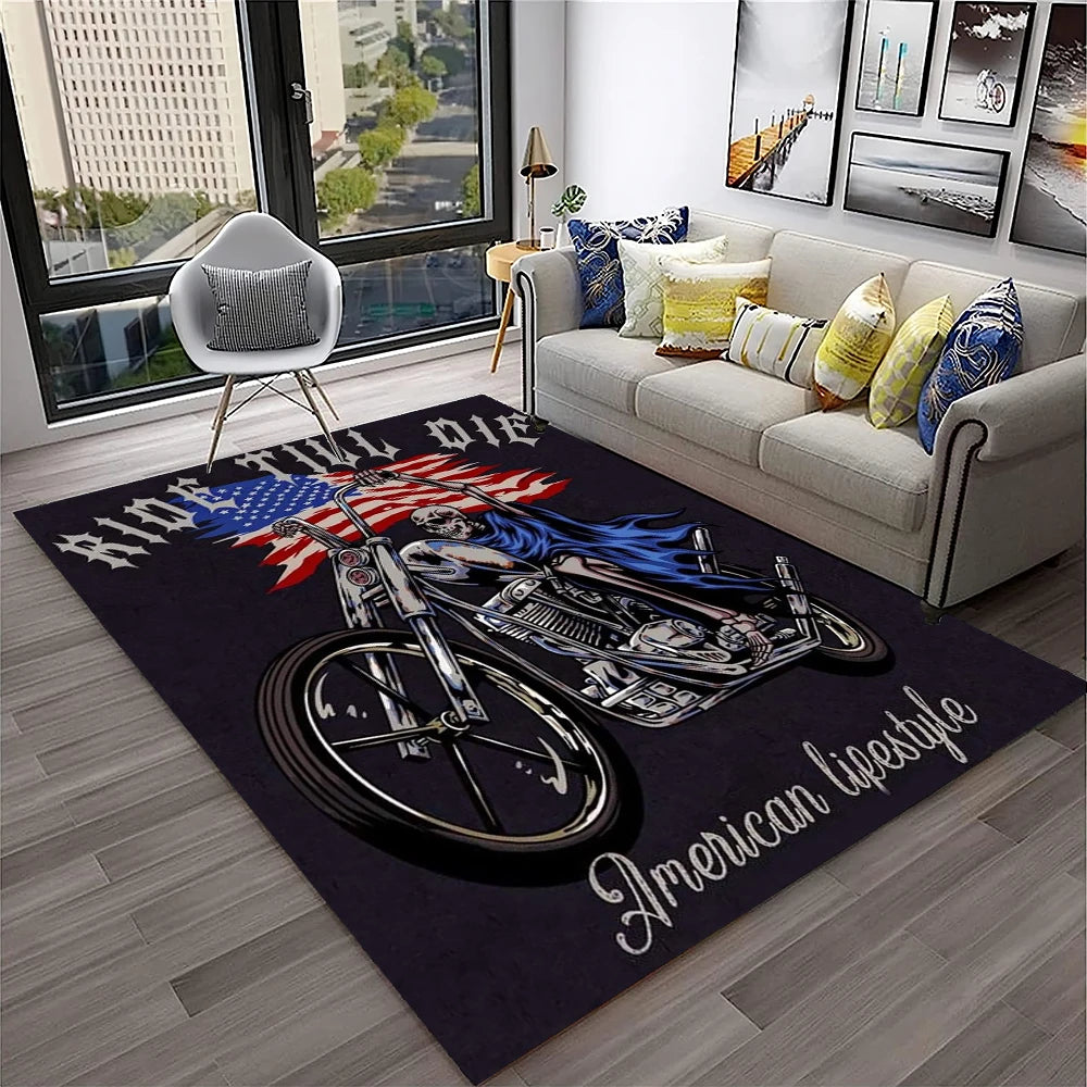 3D Retro Motorcycle Vintage  Rug for Living Room, Bedroom, Playroom Kid Area Rug Non-slip
