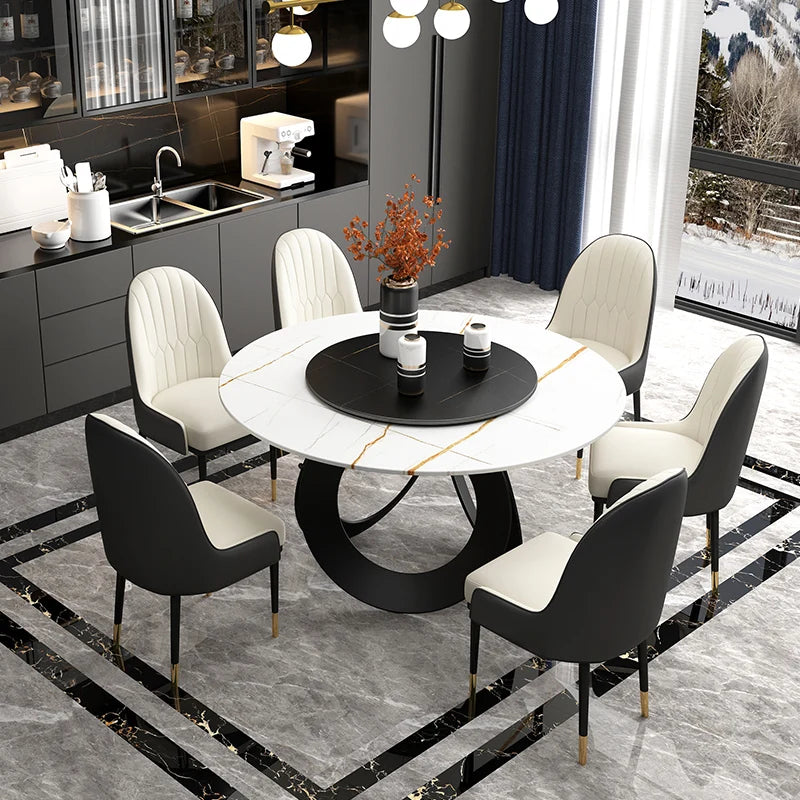 Dining Room furniture, sintered stone Table, Featuring Leather Chairs and Stainless Steel Design.