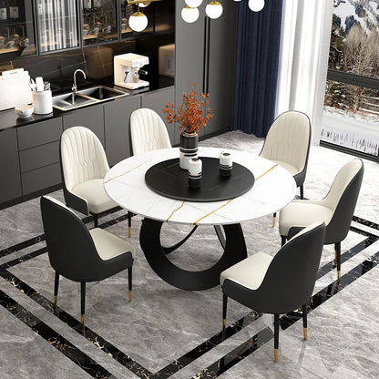 Dining Room furniture, sintered stone Table, Featuring Leather Chairs and Stainless Steel Design.