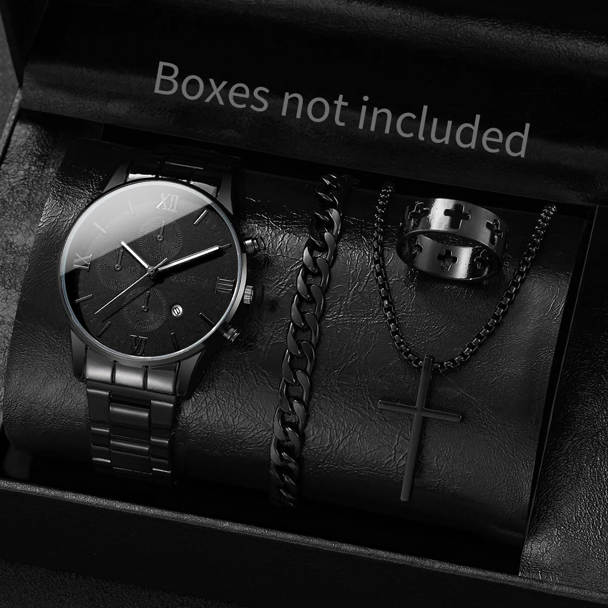 4pcs/set Men's Watch Bracelet Necklace Ring Set   (No Box)