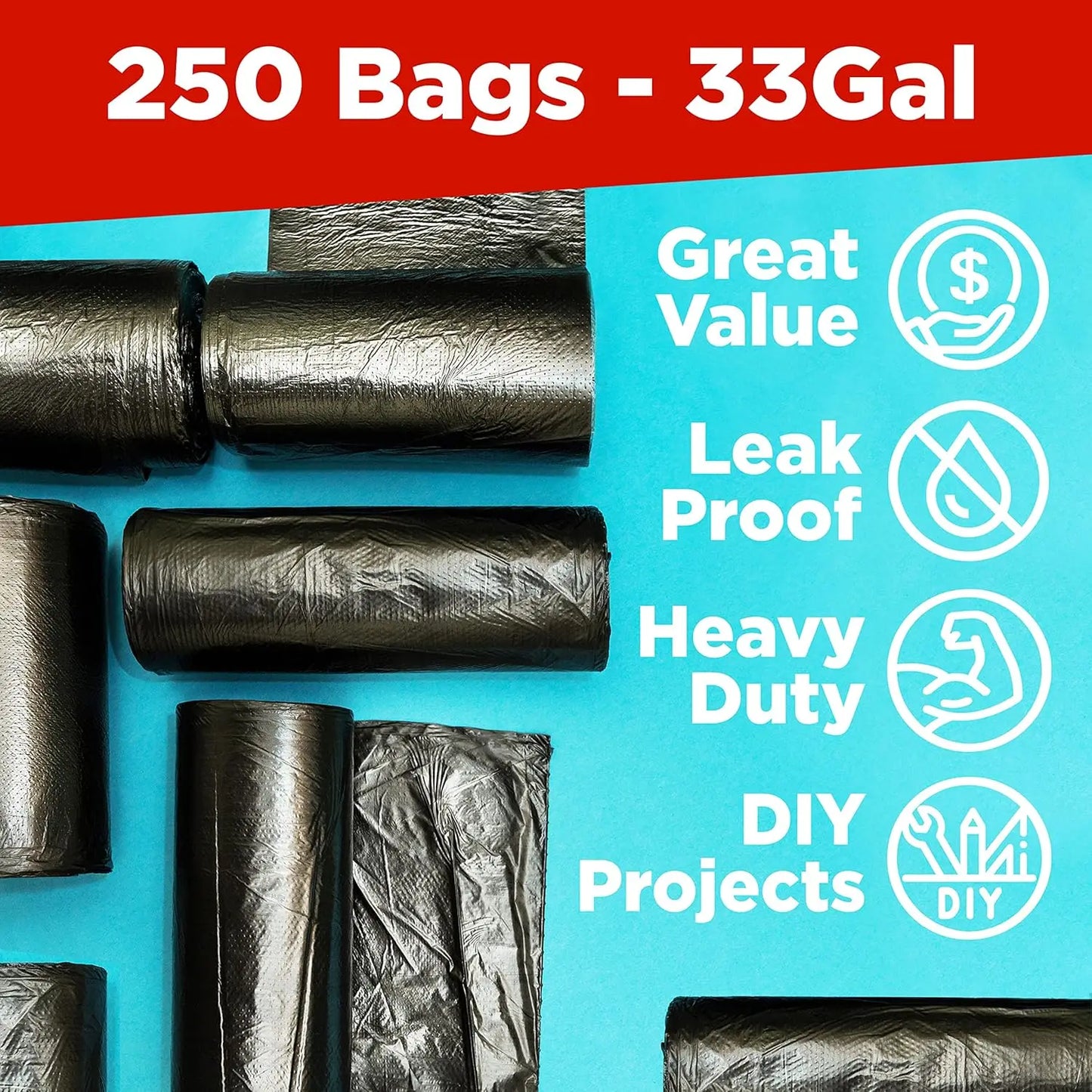 Heavy Duty 30-33 Gallon Trash Bags, 32 x 38" Black Garbage Bags (250 Count) - Made in USA.