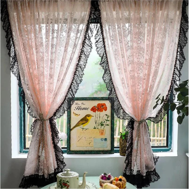 Vintage Black Lacework with Pink Jacquard Sheer Floral Curtains.