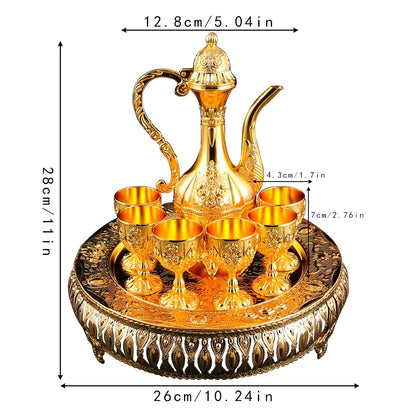 1 metal wine set, 1 tray and 6 shot glasses and 1 wine pot combination.