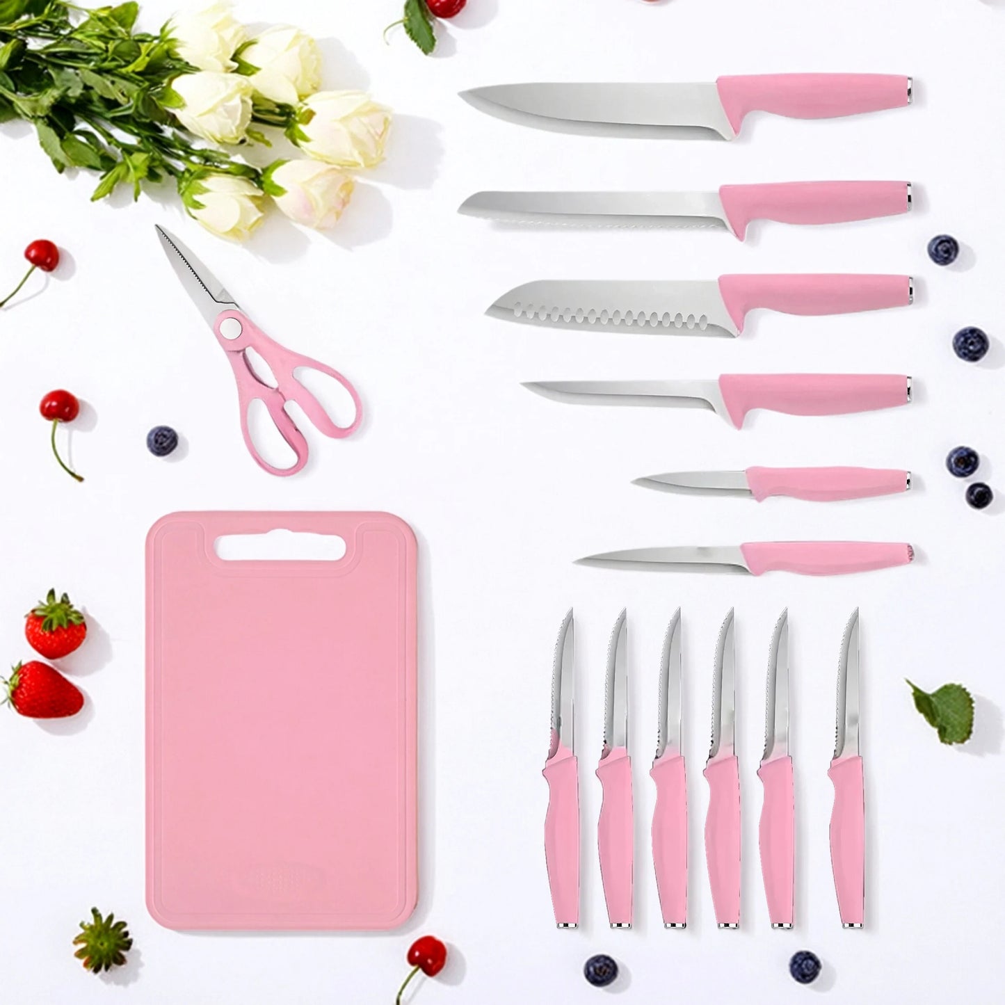 15-piece kitchen stainless steel knife set with knife holder, space-saving storage, full handling of ingredients.
