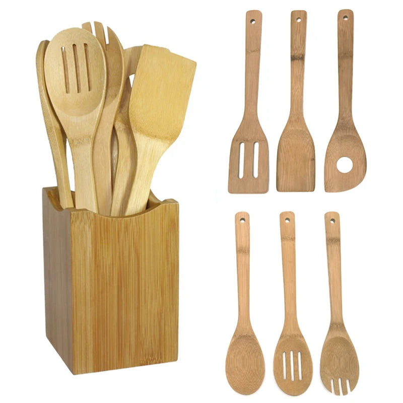 6 Pieces Bamboo Spoon Spatula, Kitchen Utensil Wooden Cooking Tool Mixing Set.