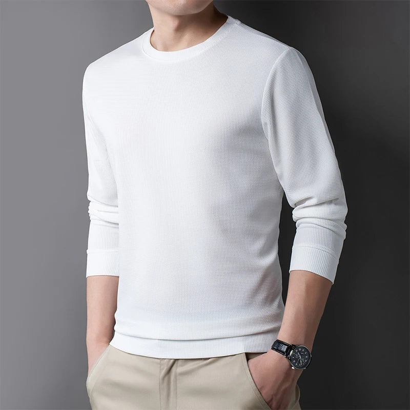 Men Casual Waffle Round Neck T-shirt Breathable, Comfortable, and Fashionable Long Sleeved T-shirt.