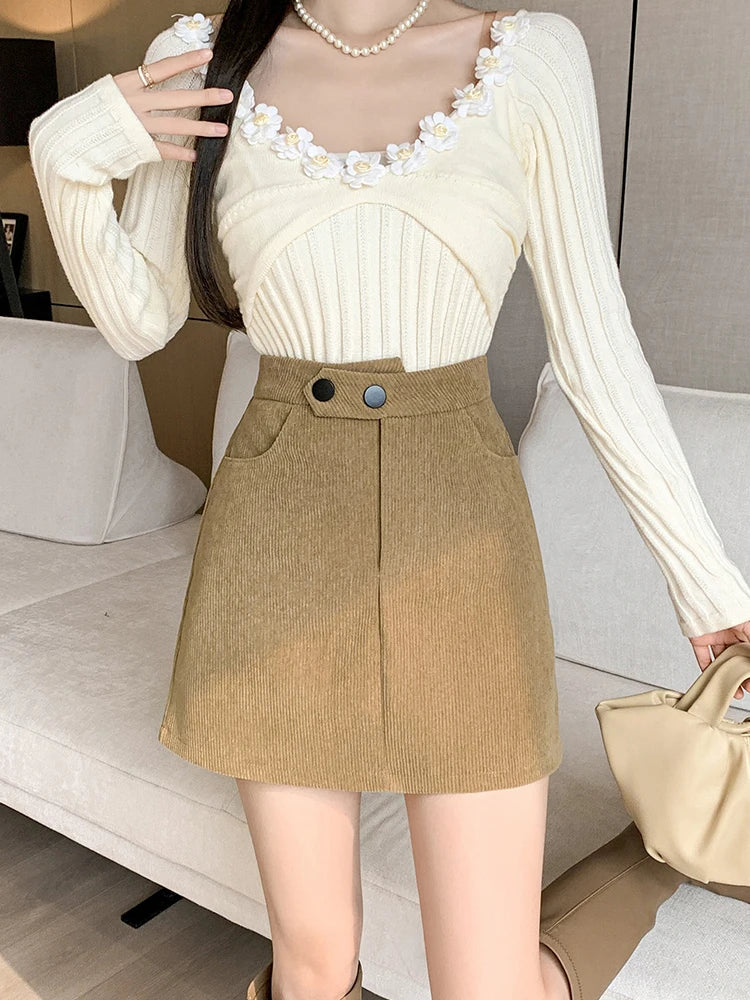 Woman Khaki High Waisted Casual Corduroy  Skirt