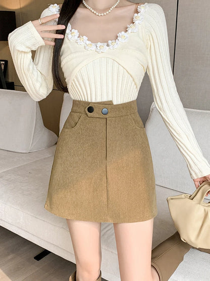 Woman Khaki High Waisted Casual Corduroy  Skirt