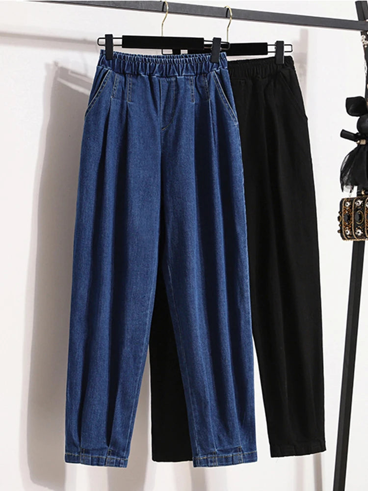 New 2024 Autumn Plus Size Jeans For Women High Elastic Waist Loose Blue Black Color.