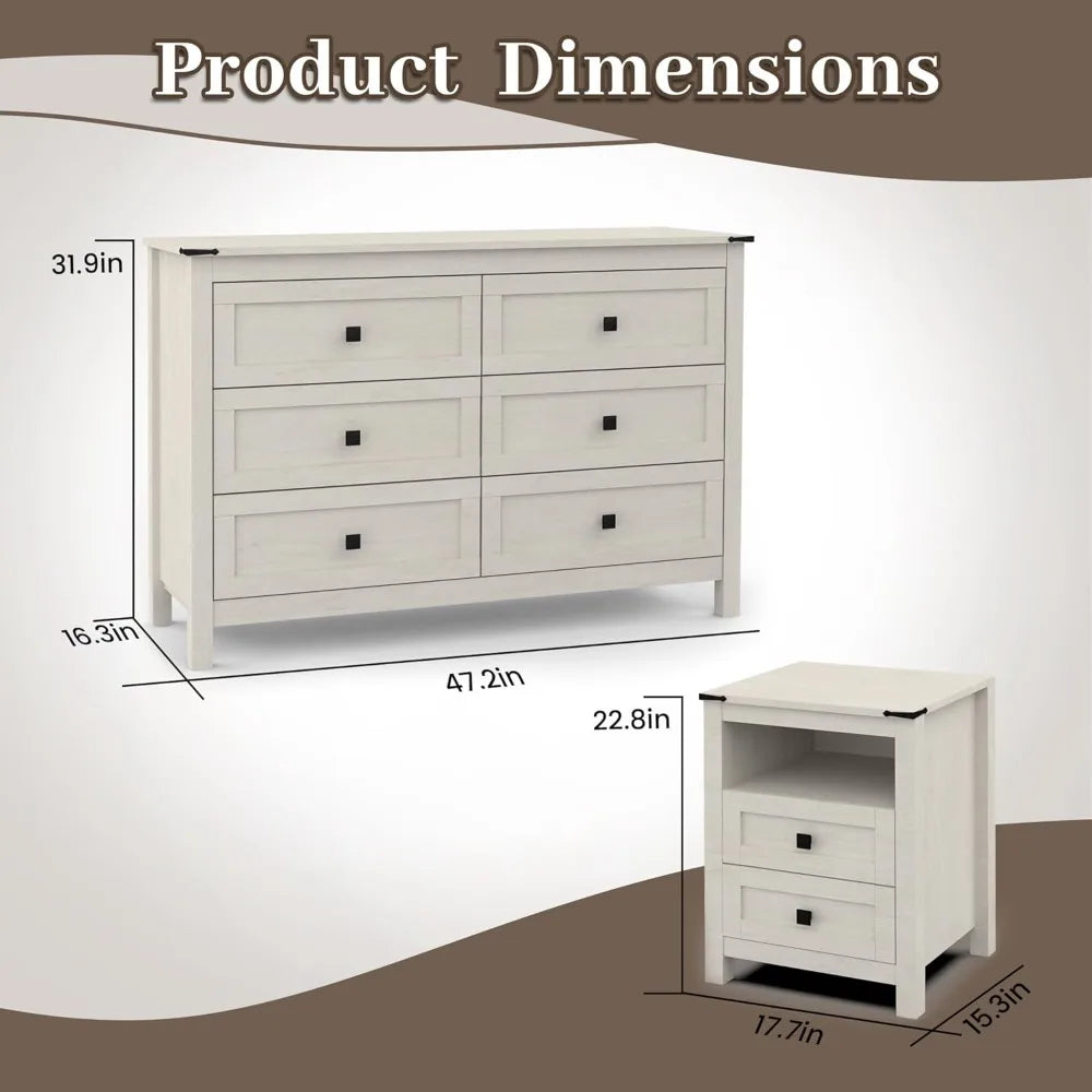 3 Pieces Bedroom Furniture Set, Rustic Wood 6 Drawer Dresser and Nightstands, Chest of Drawers.