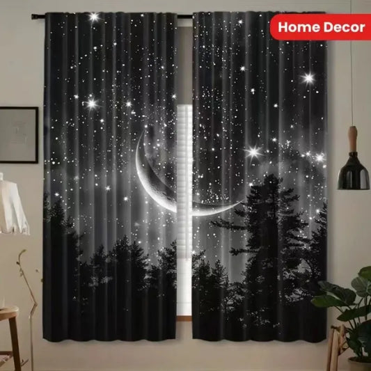 2pcs Starry Moon Forest Polyester Curtains - Set of Two Window Treatments.