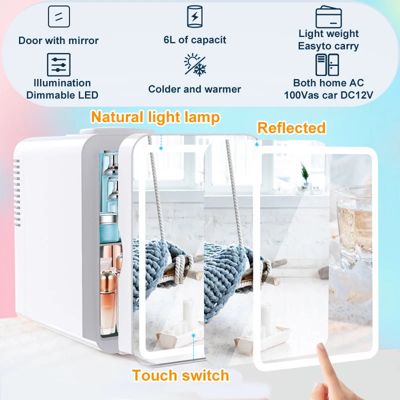 6L mirror beauty makeup refrigerator, skin cosmetics care hot and cold storage, portable LED mini refrigerator.