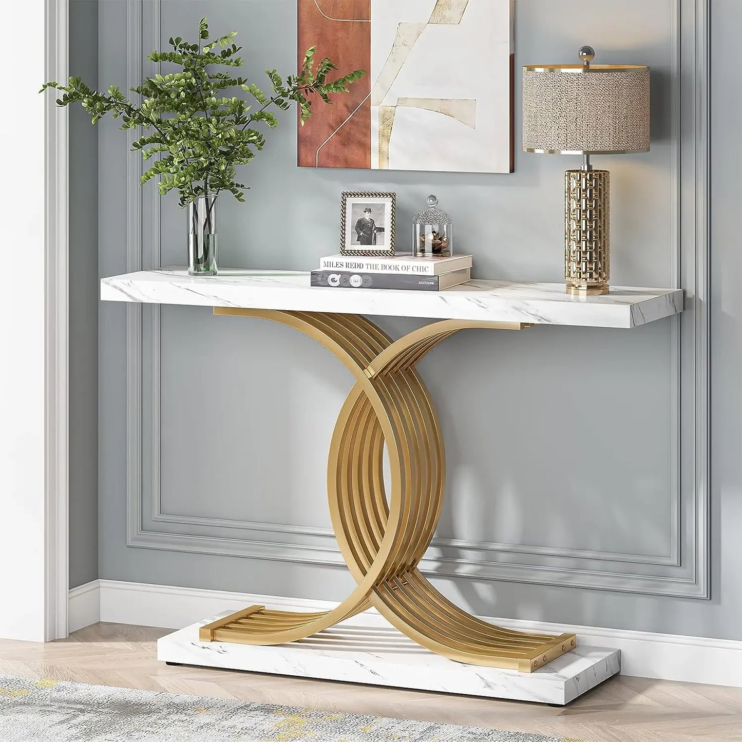 Gold Entryway Table, Modern 39-Inch Console Faux Marble Metal Legs.