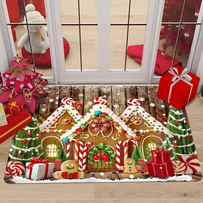 Christmas House Snowflake Area Mat, Red with Gold and White Snowflakes.