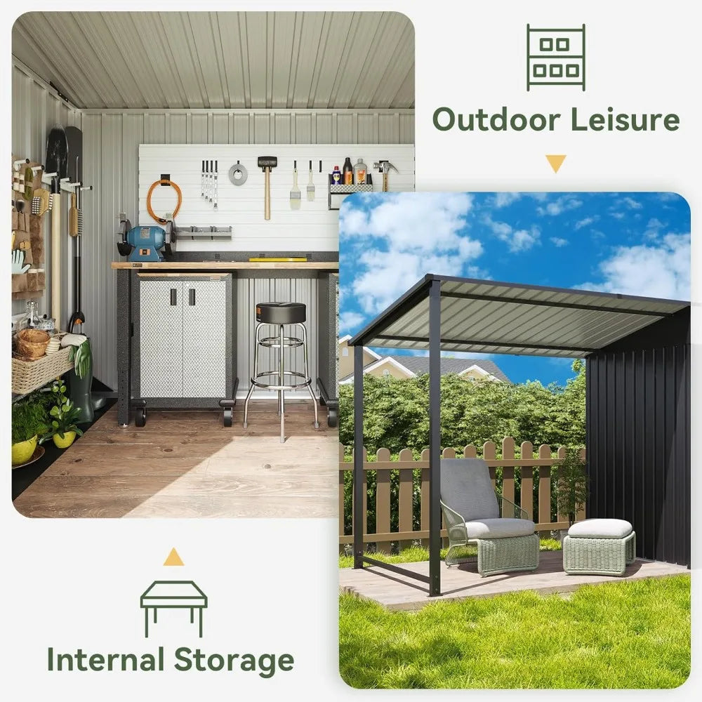 6x4FT Outdoor Metal Shed and Hardtop Gazebo Combo 12x4FT Lean to with Pergola Black.