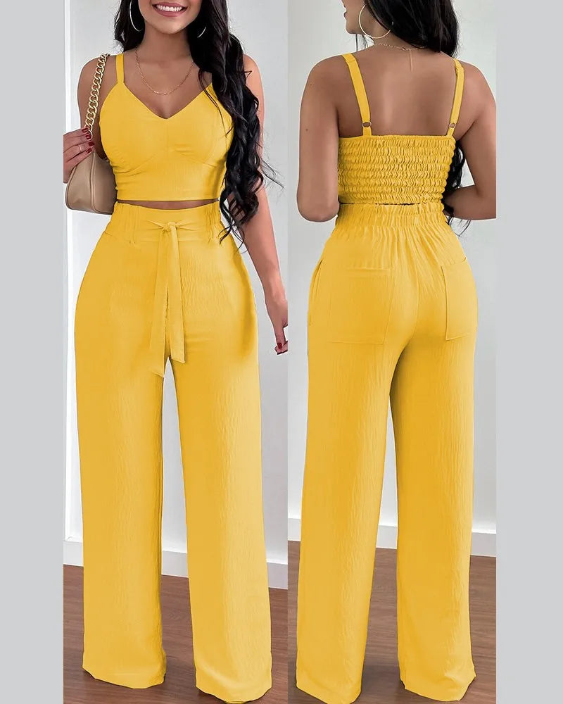 2 Piece Outfits For Women 2025 Sexy V-Neck Strap Shirred Slim Crop Top & Lace-up Wide Leg Pants Sets.
