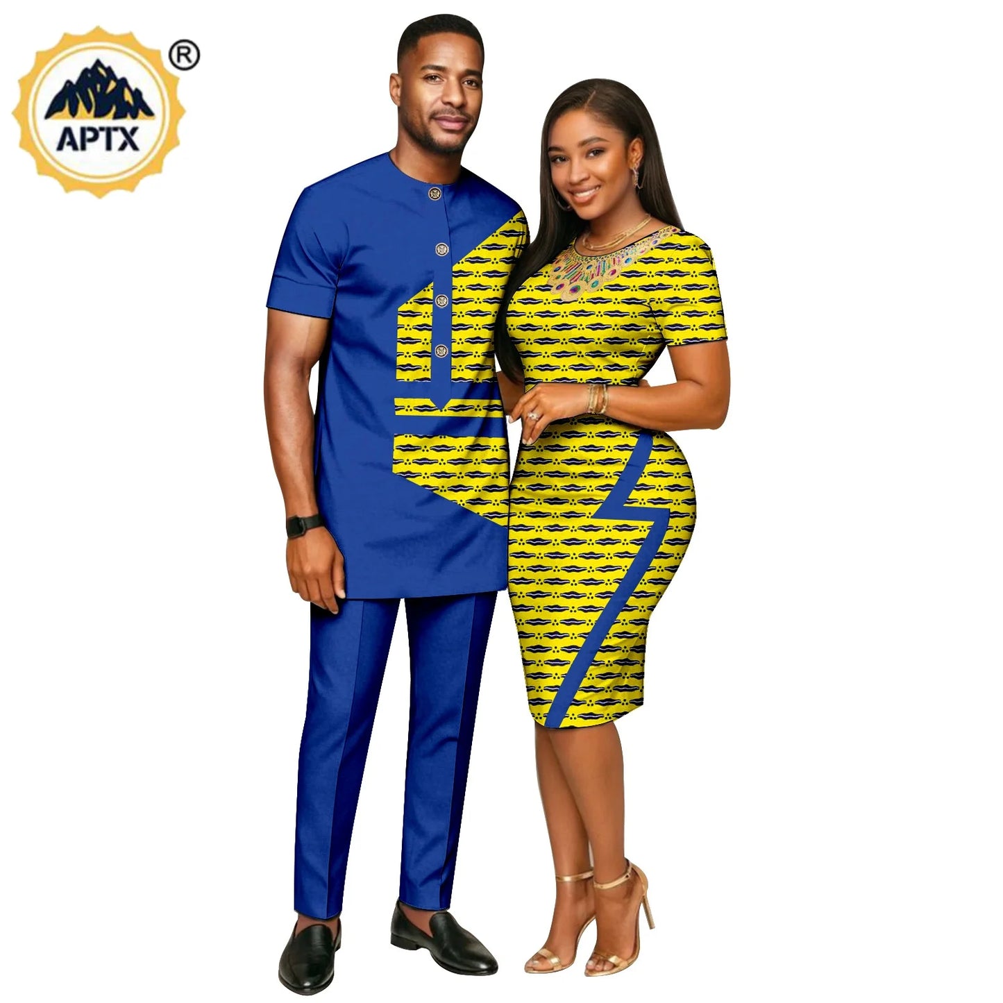 African Print Slim Hip Knee-length Dresses for Women, Matching Couple Outfits Dashiki Men Patchwork Top and Pant Sets 26C019.