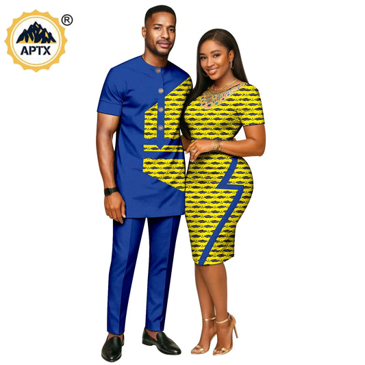 African Print Slim Hip Knee-length Dresses for Women, Matching Couple Outfits Dashiki Men Patchwork Top and Pant Sets 26C019.