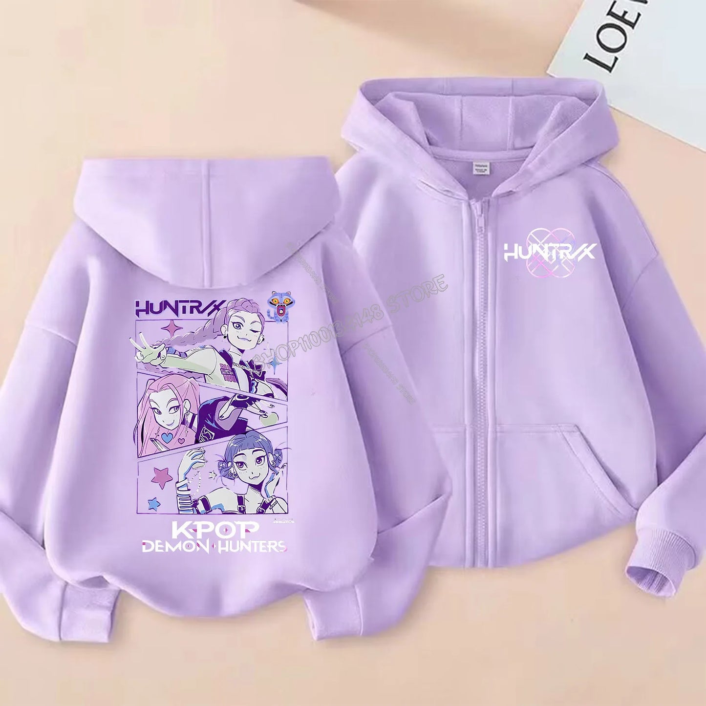 Demon Hunters Zipper Hoodie Cartoon Girls Coat, Fashion Thin Clothes Purple Hoodie Jacket Kids Sweatshirt.
