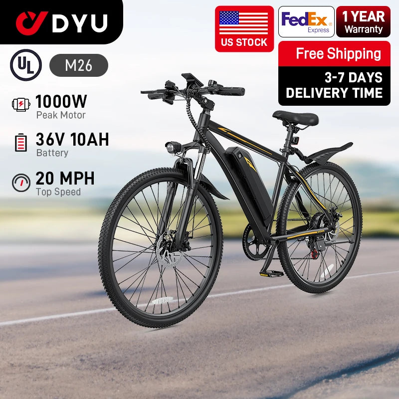 【1 Year Warranty】M26 Electric Bicycle,1000W Peak Moto, 360WH Lithium Battery 26 Inch E-bike UL2849.