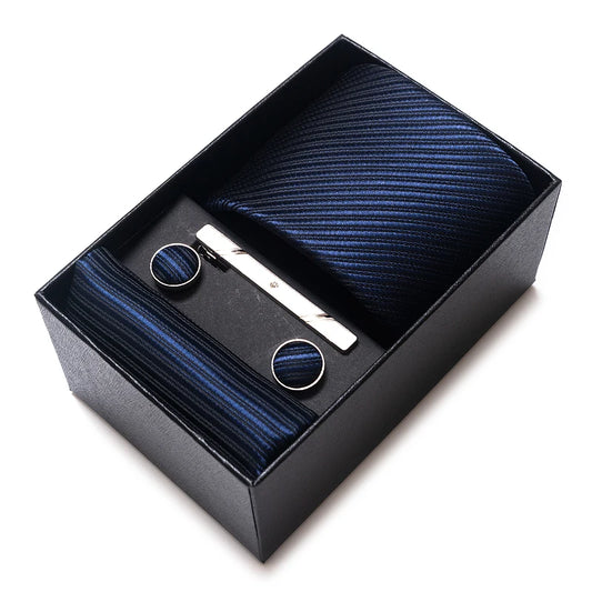 8 cm Wide Tie Sets Blue Solid Men's Neck Tie Handkerchief Cufflinks Clip Gift Silk Handmade