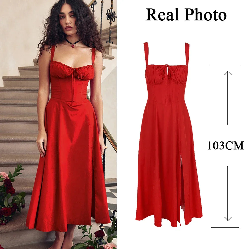 Elegant A Line Midi Dress, Sexy Spaghetti Strap Lace Up Red  Party Dresses.