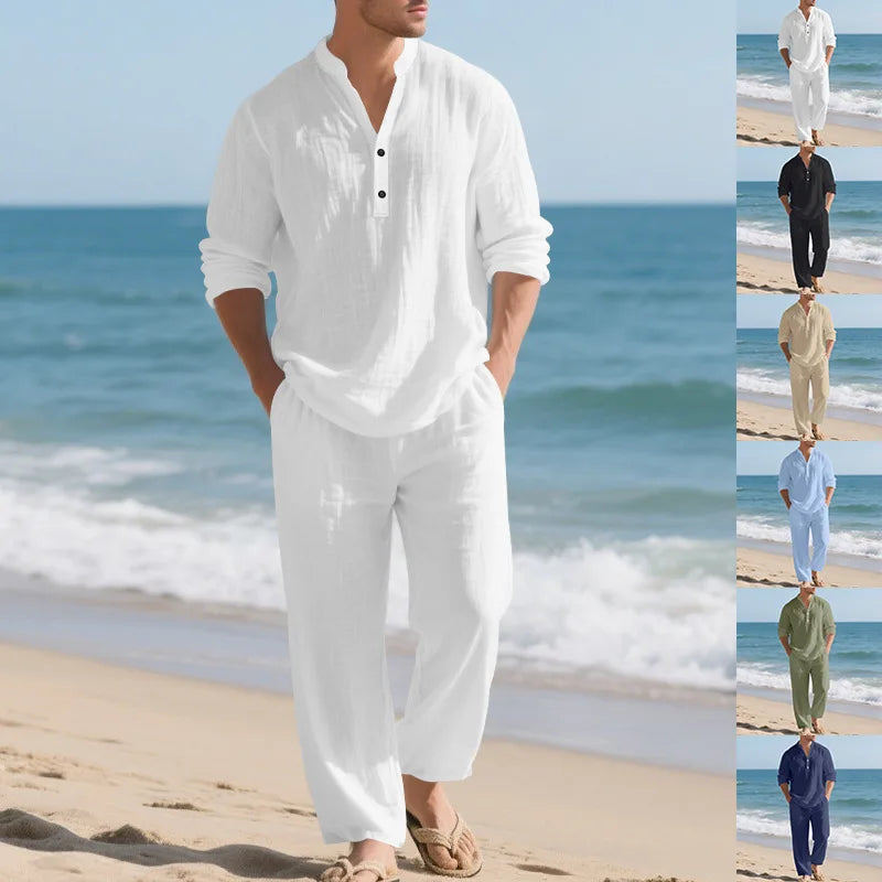 Autumn New Men Suit Style Loose Casual Breathable Henley Shirt with Straight-Leg Pants.