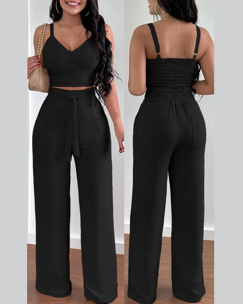 2 Piece Outfits For Women 2025 Sexy V-Neck Strap Shirred Slim Crop Top & Lace-up Wide Leg Pants Sets.