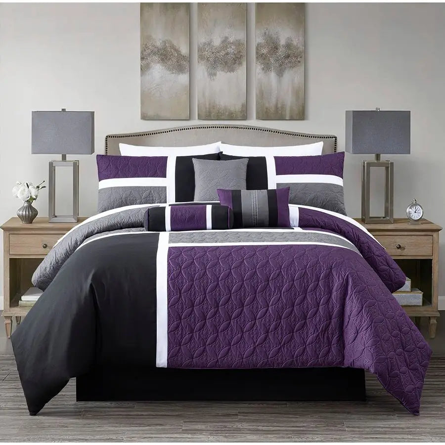 Upland 7Piece Quilted Patchwork Comforter Set, Purple Black Gray, Queen.