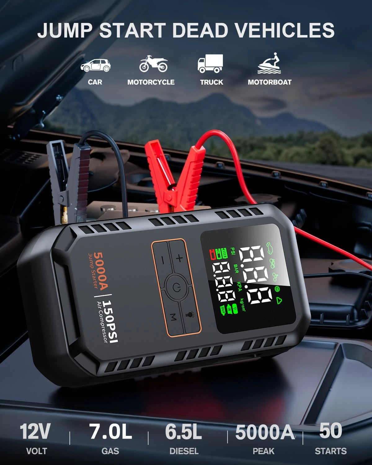 4-IN-1 Car Jump Starter with Air Compressor 5000A Auto Battery Booster,150PSI Air Pump Portable Tire Inflator.