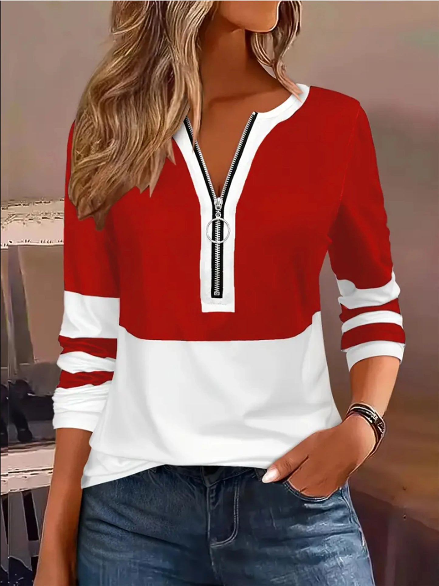 Plus Size Long Sleeve, Geometric Stripes & Color Block Ring Zipper.