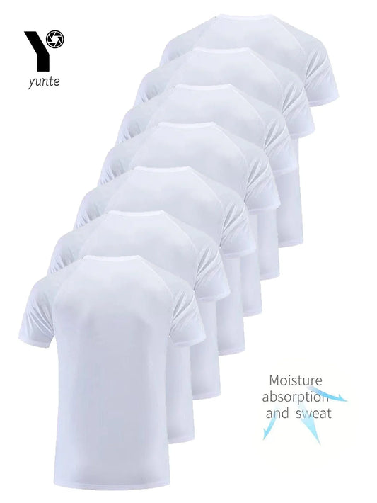 Camiseta de cuello redondo, 7 piezas, blanca, ultraligera, para hombre, de secado rápido, transpirable y absorbente del sudor.