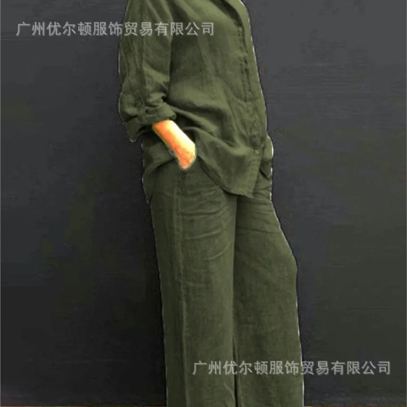 Two Piece Sets Women Outfits,  Fall Simple Long Sleeve Shirt Loose Trousers Set Office Casual.