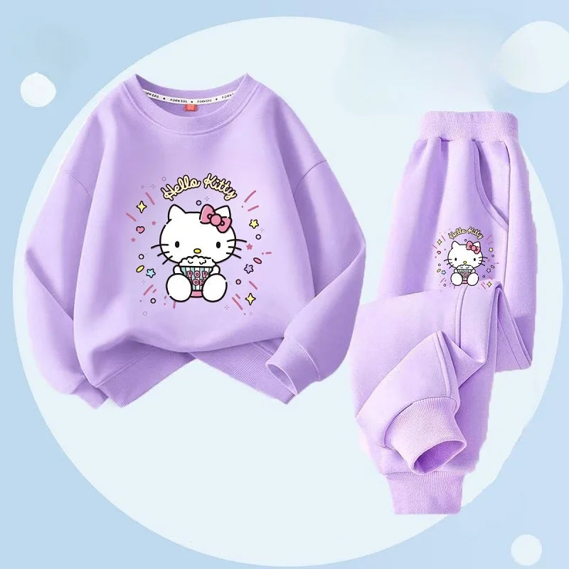 Autumn Baby Girl Clothes Set, Children Senerio Hello Kitty Cartoon Print Sweatshirt and Pants.