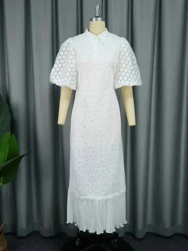 White Lace Dresses for Women , Elegant Turn Down Collar, Puff Sleeves Pleated Hem, Midi Dress Luxury Occasion Clothes.