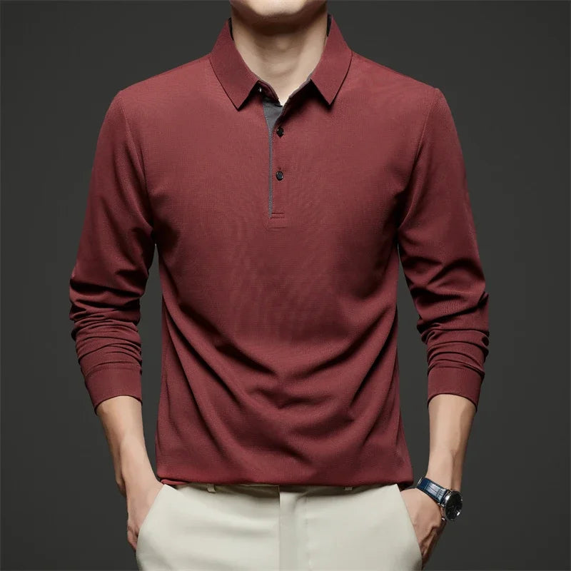 New Men Business Casual Long Sleeve Solid Color Polo Shirt, Fashionable Warm Comfortable Four Seasons.