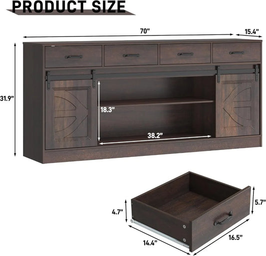 70" Farmhouse Buffet Cabinet with 4 Drawers, Sliding Doors, Storage for Living Room, Kitchen, Brown.