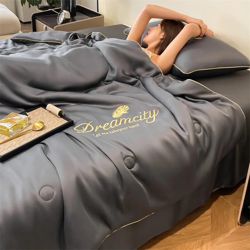 New Embroidery Summer Cool Quilt, Breathable Queen Comforter Set.