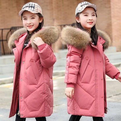 Warm Jackets for Girls Two Colors, Faux Fur Hooded Coat , White Duck Down Parkas