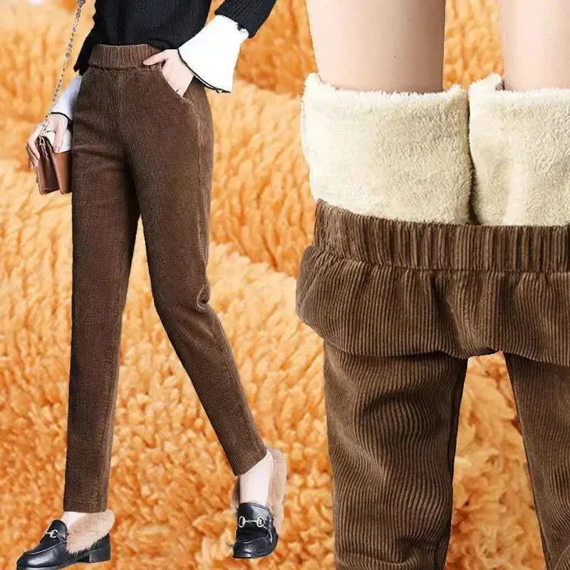 Women Corduroy Warm Pants Thick Plush Casual  Trousers.