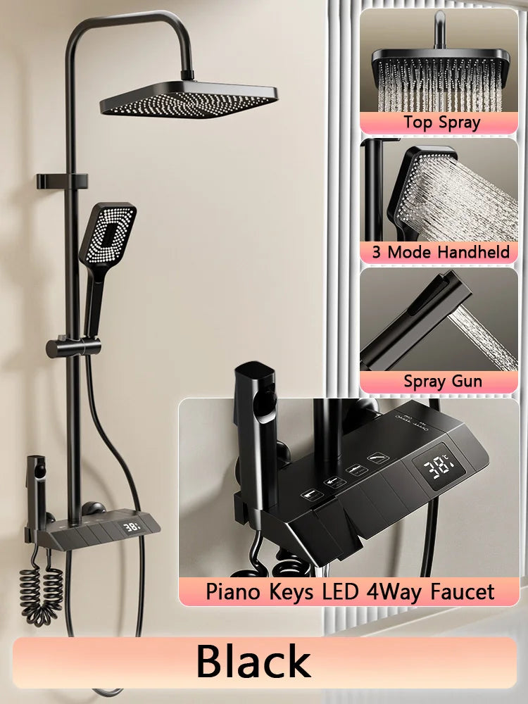 Bathroom Shower Full Set, Black White Gray Bathtub Shower, Digital LED Hot Cold Faucet