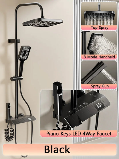 Bathroom Shower Full Set, Black White Gray Bathtub Shower, Digital LED Hot Cold Faucet