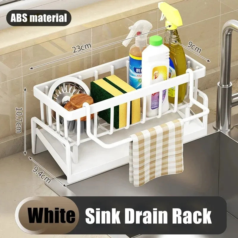 1Pc Multifunctional Plastic Kitchen Shelf, Rag Storage Drainage Rack with Hooks.