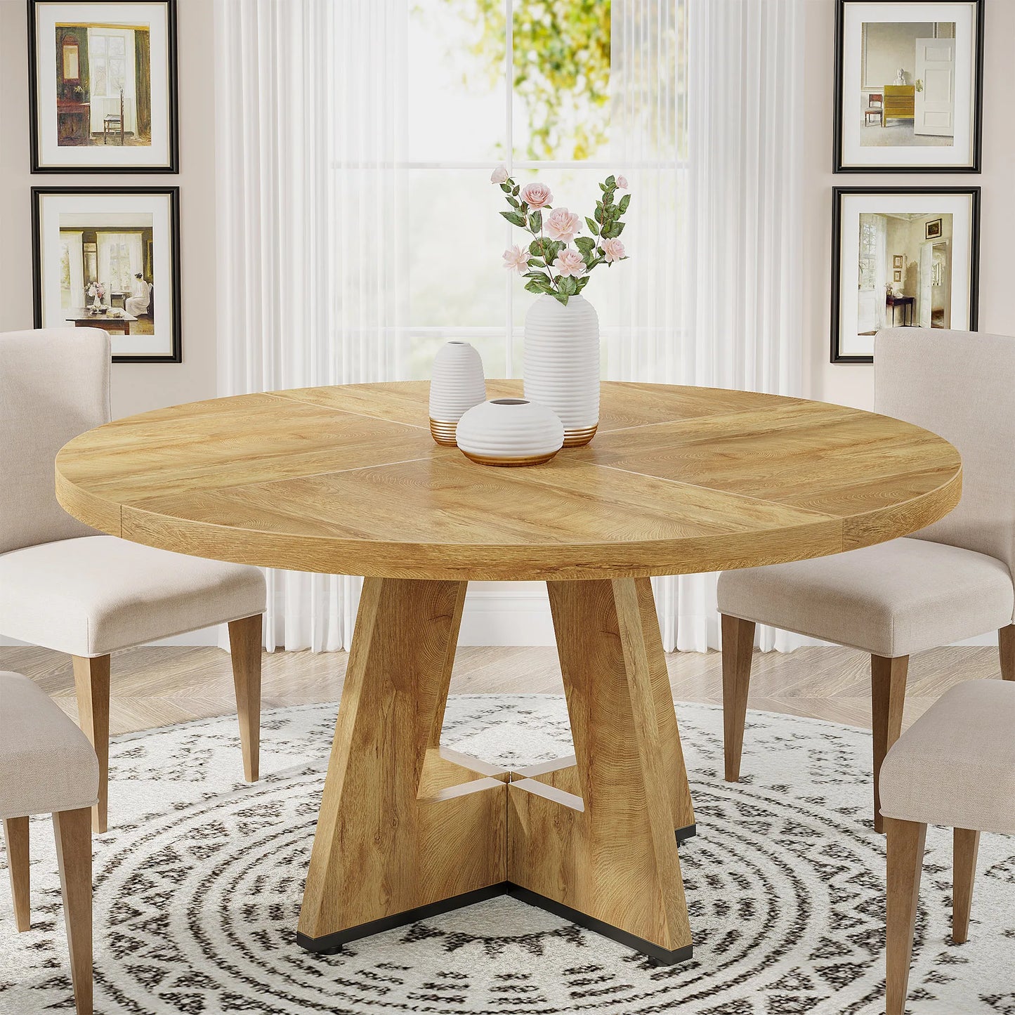Round Dining Table for 4, 47 Inch Farmhouse Kitchen Table, for Dining Room.