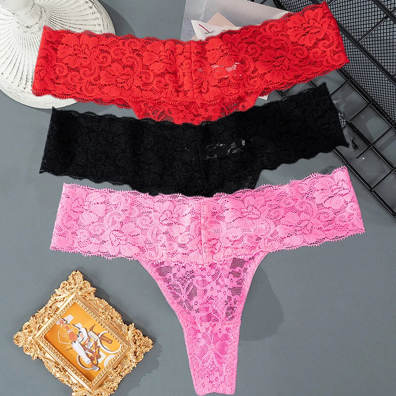 3PCS Lace Floral Women Panties ,Low Waist Breathable Briefs Female Thong Underwear M-2XL Sexy G-String Transparent Panty.