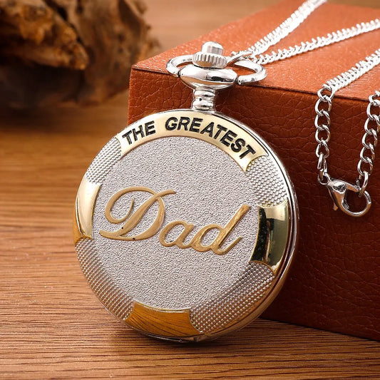 Vintage Silver Golden Luxury THE GREATEST DAD Quartz Pocket Watch Fob Chain Necklace.
