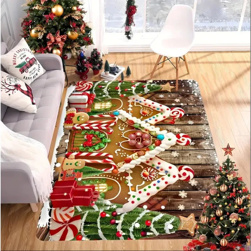 Christmas House Snowflake Area Mat, Red with Gold and White Snowflakes.