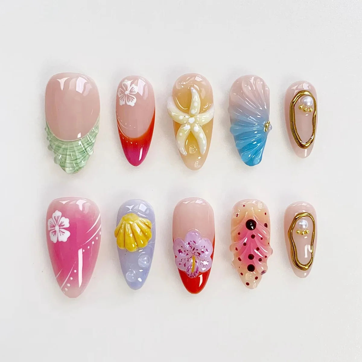 24Pcs Mid-length Almond Press on Fake Nails,3D Ripple Heart ,Pearl Star, Blue Smudge Detachable Full Cover Nails Tips.